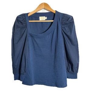 Nation Ltd Tori Asymetrical Puff Sleeve Top Peruvian Cotton Poplin Navy Blue XS